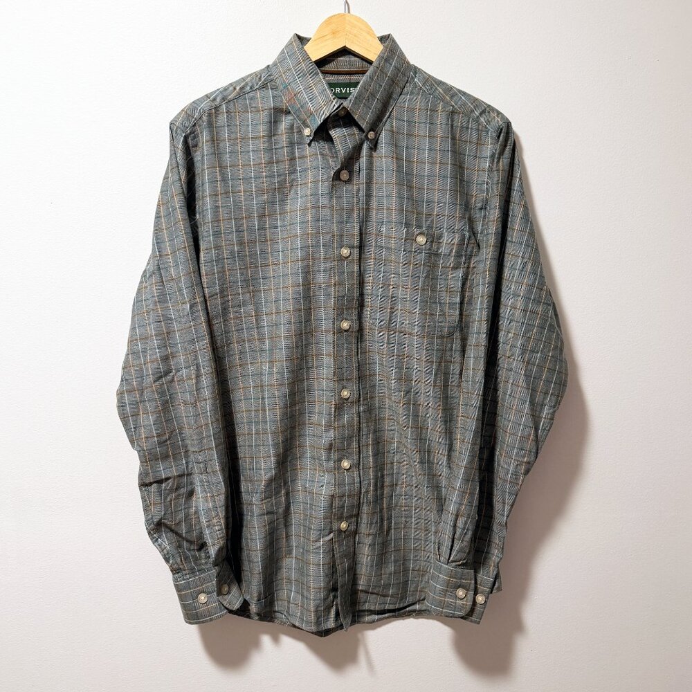 Orvis Embroidered Pheasant Plaid Shirt S - Grey Gold Windowpane